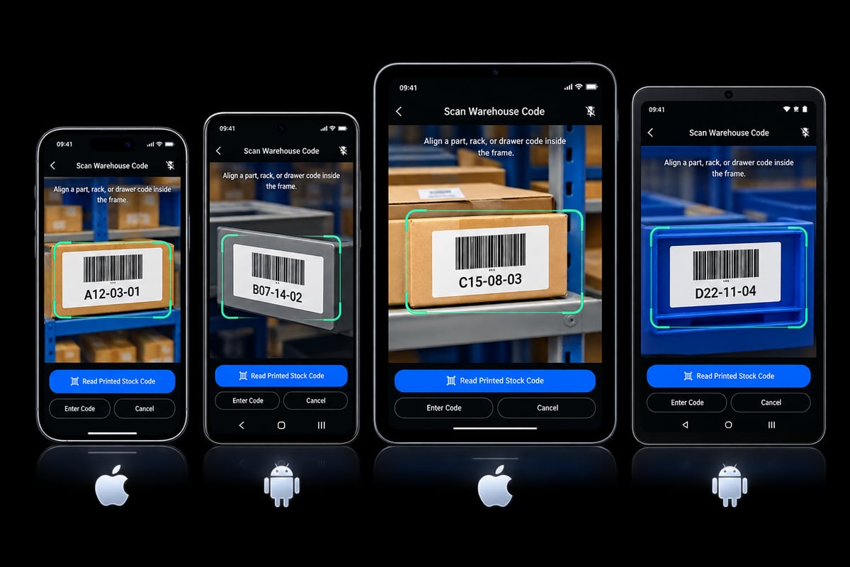 Warehouse shelf and part barcode scanning on iPhone, Android phone, iPad and Android tablet.