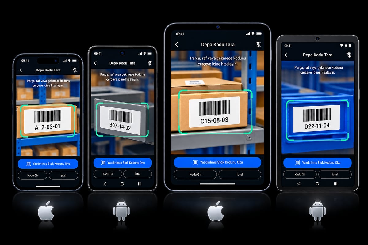 iPhone, Android telefon, iPad ve Android tablette depo rafı ve parça barkodu okutma ekranı.