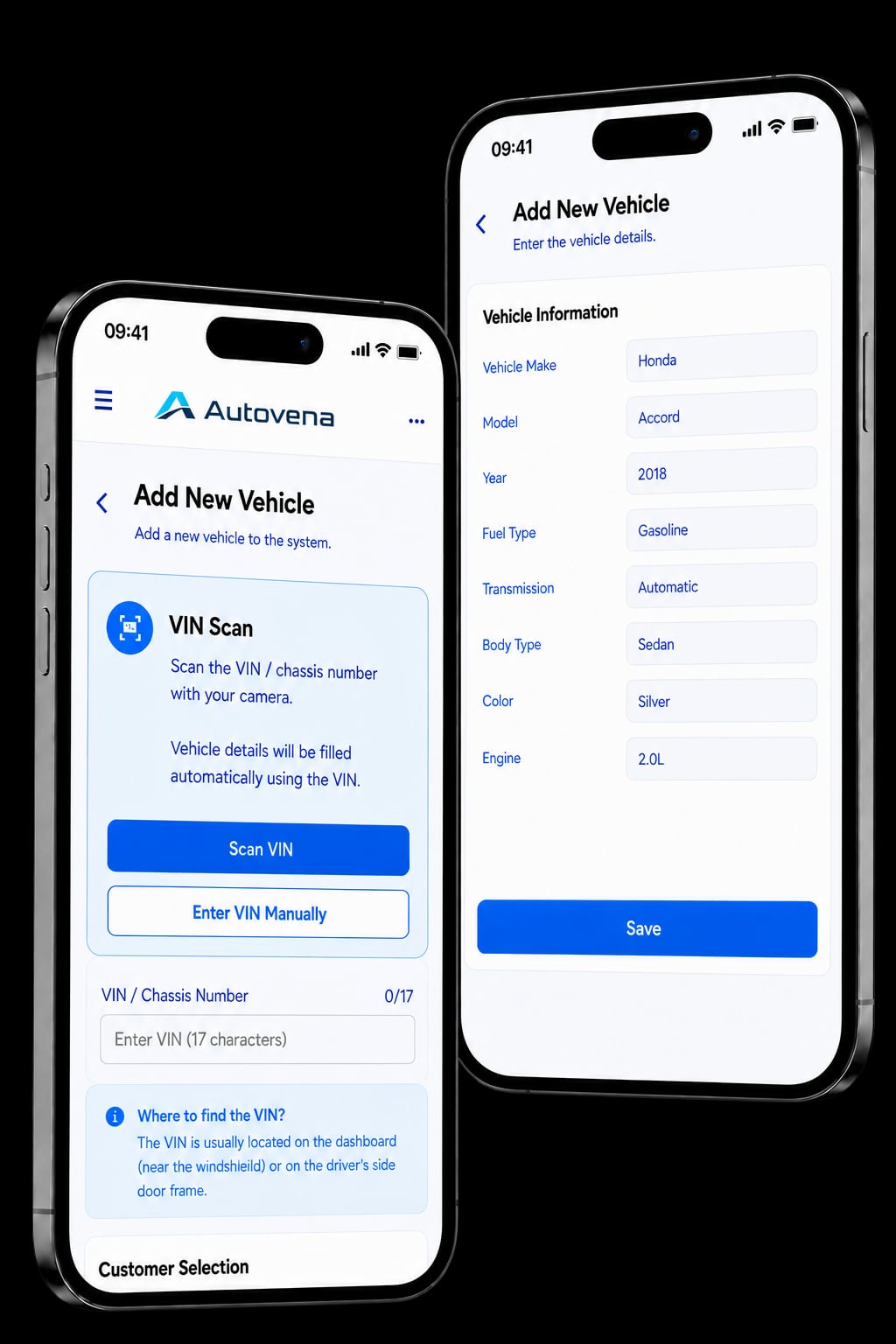 The mobile app's add-vehicle screen: scan the VIN with the camera or enter it manually, then the vehicle details form filled in automatically.