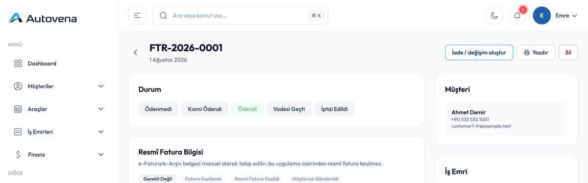 Autovena servis yönetim ekranı