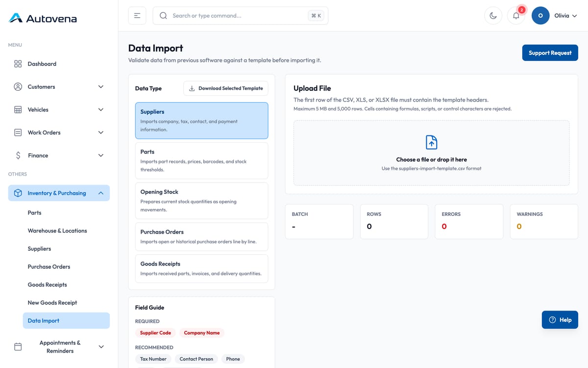 Autovena workshop management screen